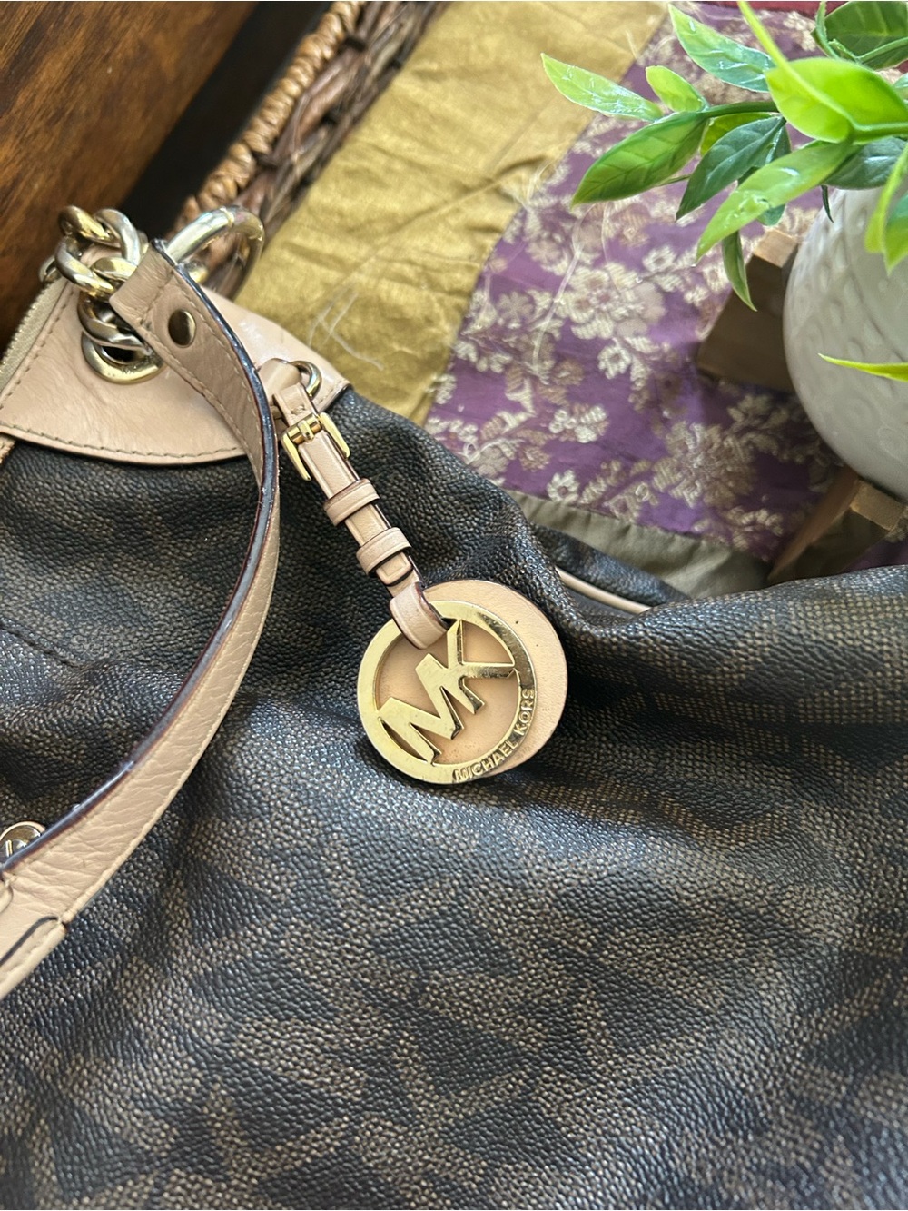 Michael Kors Brown Logo Shoulder Bag with Pale Pink Trim